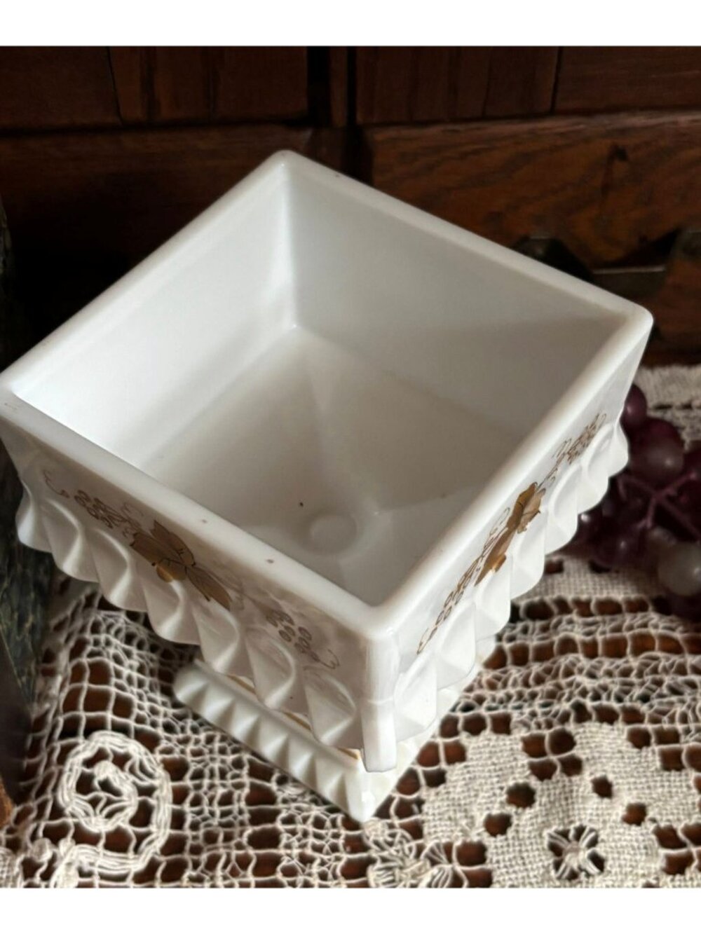 Vintage Westmoreland Milk Glass Covered Candy Dish | Gold Grape Pedestal Compote - Picture 4 of 9